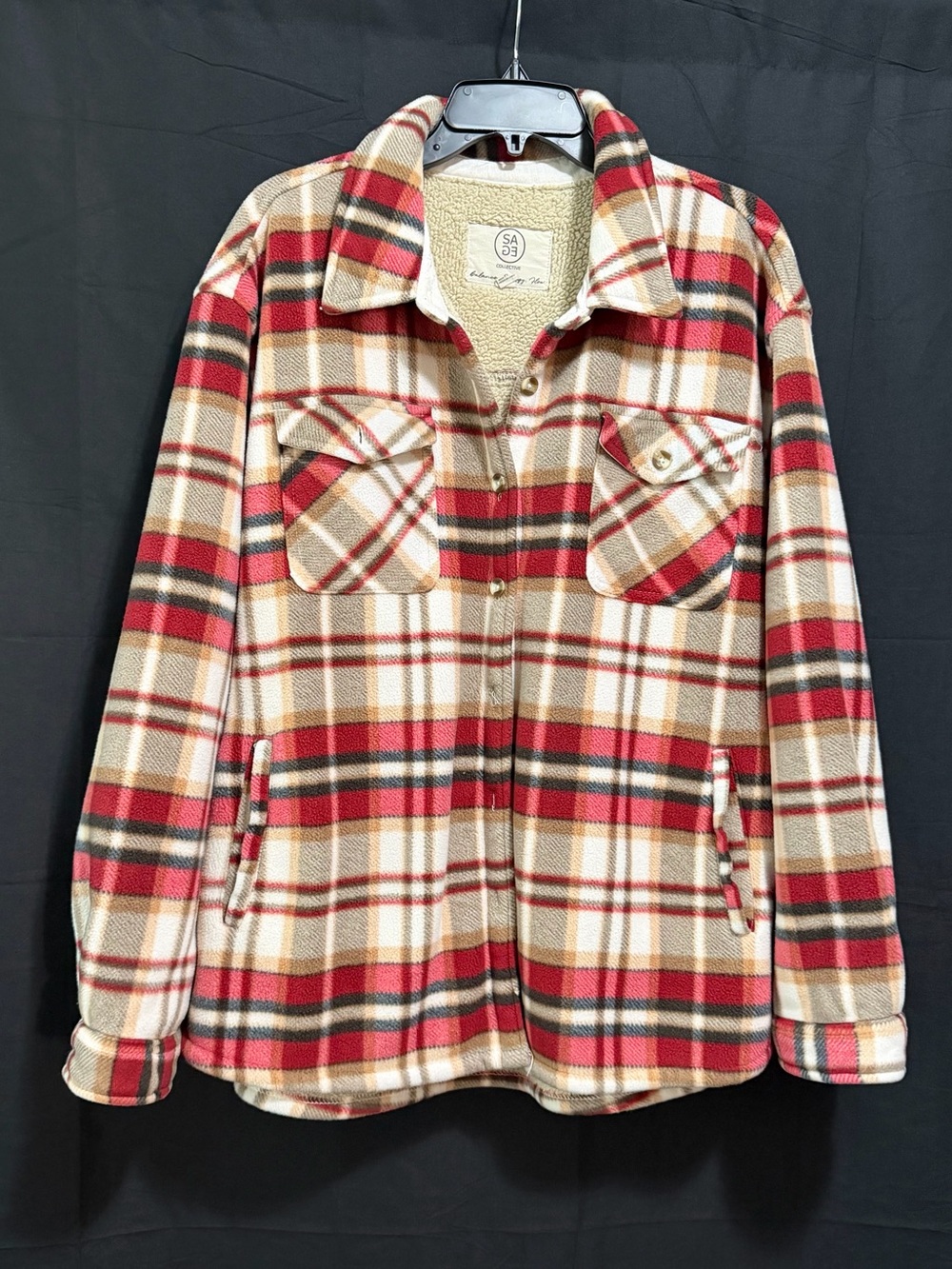 SA Plaid Sherpa-Lined Shacket Jacket in Red & Cream